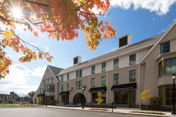 The Inn at Swarthmore exterior with fall leaves